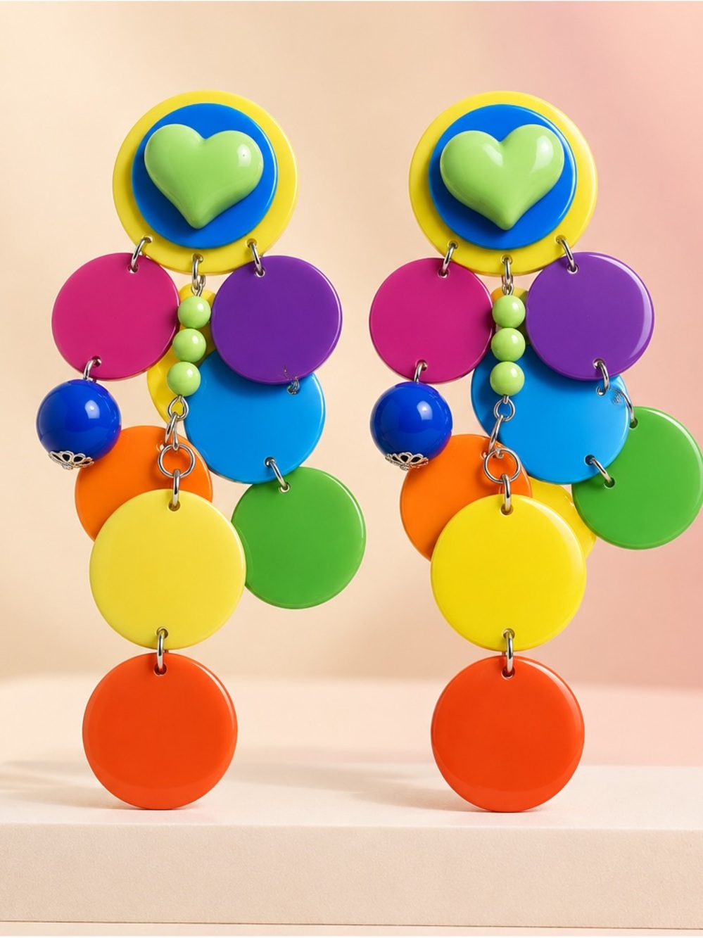 Fashion Jewelry Bright Multicolor Disc Drop Earrings with Lime Heart
